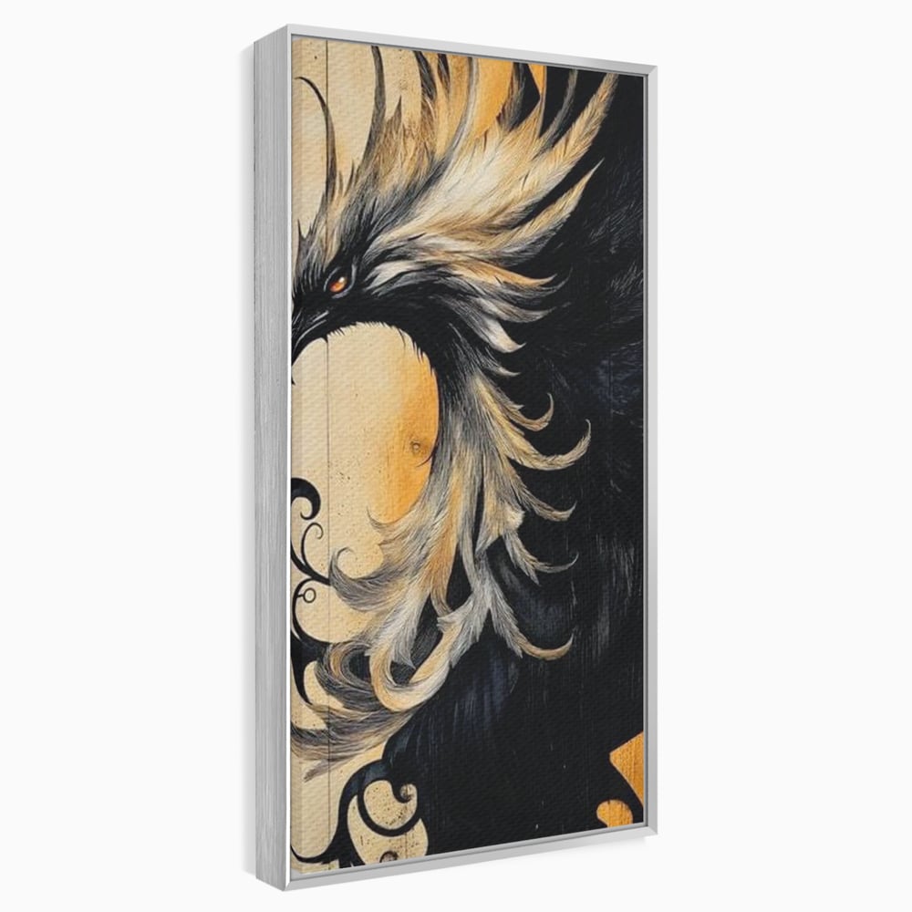 Tablou Canvas Premium, LuxCanva® M1070, Ecoul Cenusii Aprinse, Phoenix, Mitologie, Foc, Cenusa, Lumina, Intuneric, Auriu, Renastere, Pasari, Pene, Birou, Living, Camera Copil