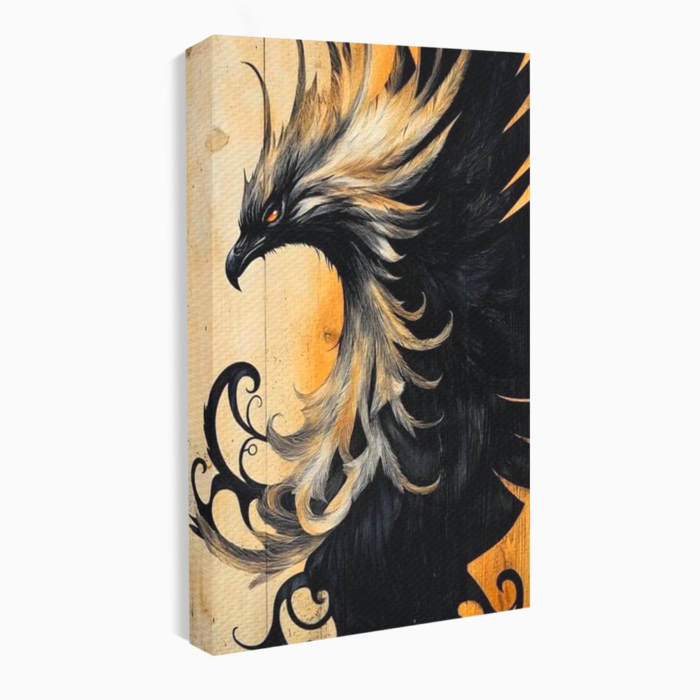 Tablou Canvas Premium, LuxCanva® M1070, Ecoul Cenusii Aprinse, Phoenix, Mitologie, Foc, Cenusa, Lumina, Intuneric, Auriu, Renastere, Pasari, Pene, Birou, Living, Camera Copil