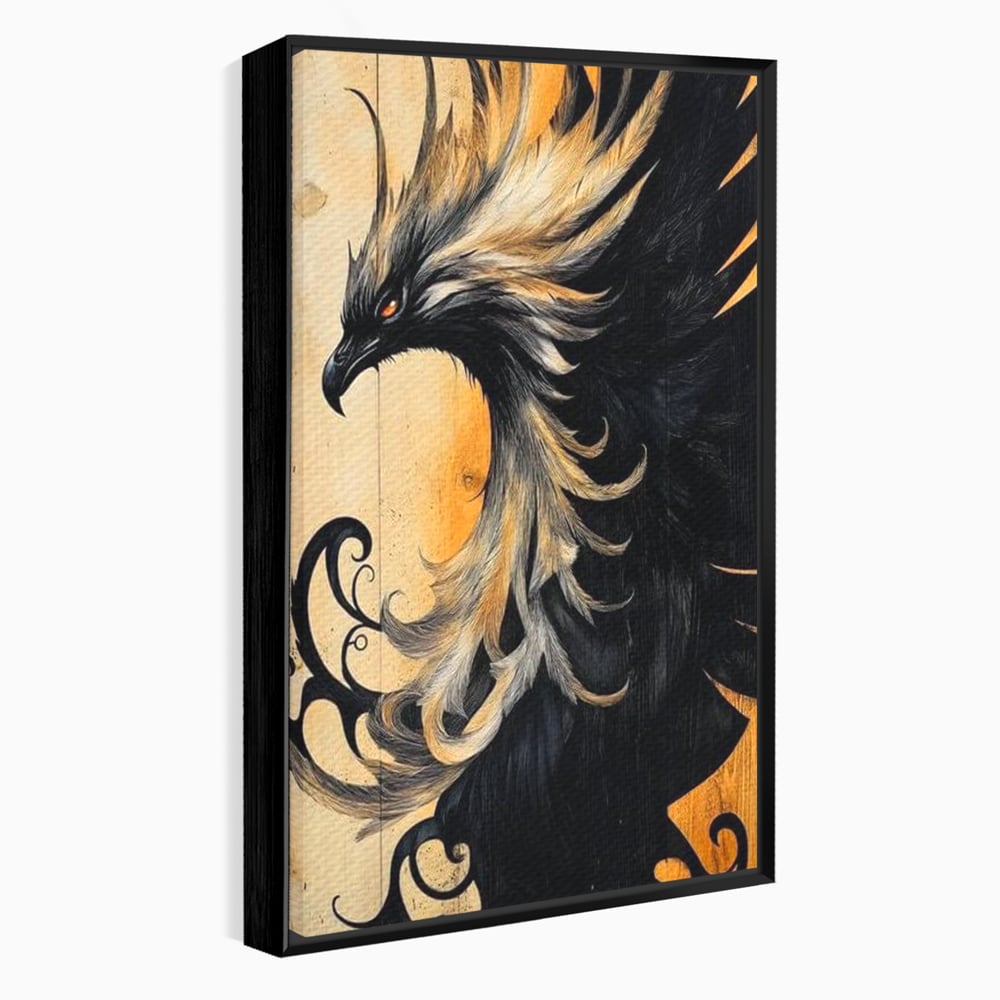 Tablou Canvas Premium, LuxCanva® M1070, Ecoul Cenusii Aprinse, Phoenix, Mitologie, Foc, Cenusa, Lumina, Intuneric, Auriu, Renastere, Pasari, Pene, Birou, Living, Camera Copil