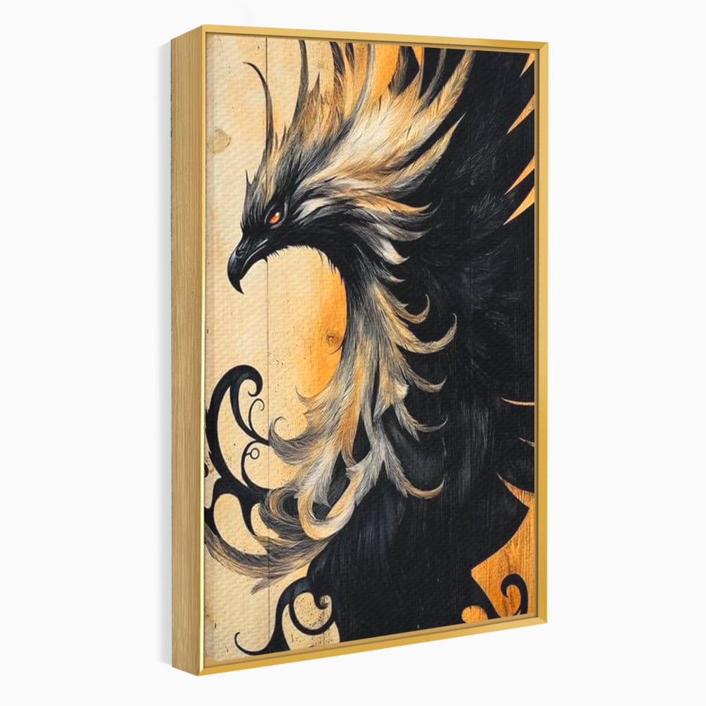 Tablou Canvas Premium, LuxCanva® M1070, Ecoul Cenusii Aprinse, Phoenix, Mitologie, Foc, Cenusa, Lumina, Intuneric, Auriu, Renastere, Pasari, Pene, Birou, Living, Camera Copil