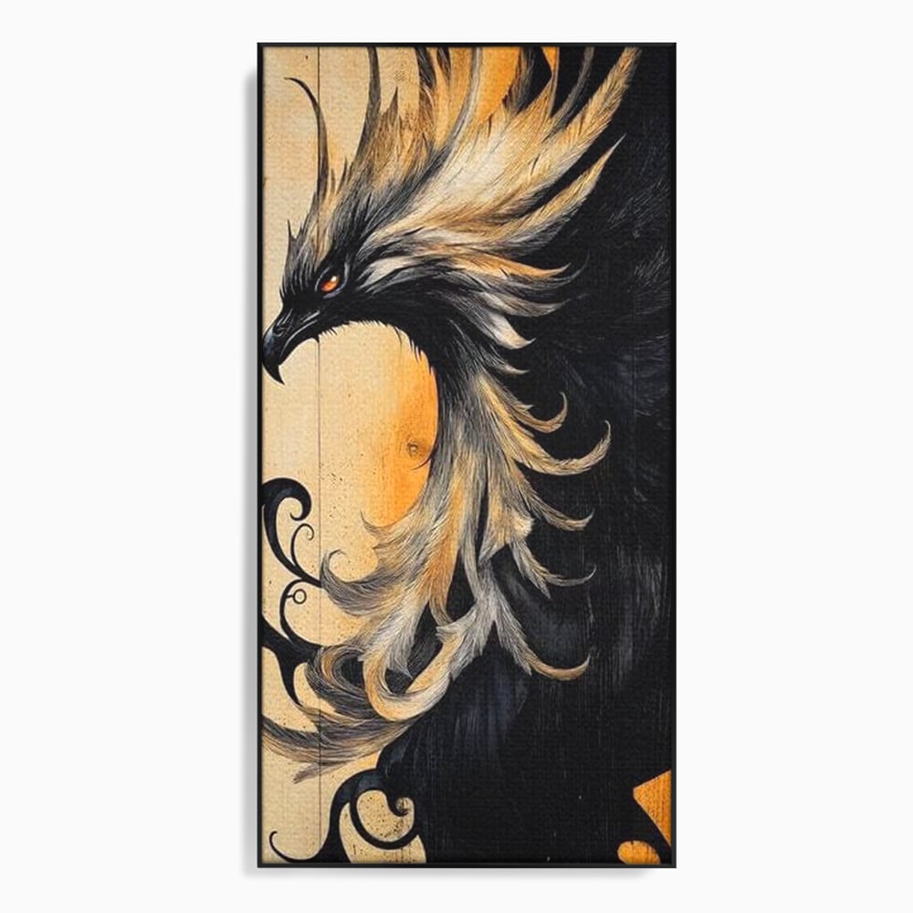 Tablou Canvas Premium, LuxCanva® M1070, Ecoul Cenusii Aprinse, Phoenix, Mitologie, Foc, Cenusa, Lumina, Intuneric, Auriu, Renastere, Pasari, Pene, Birou, Living, Camera Copil