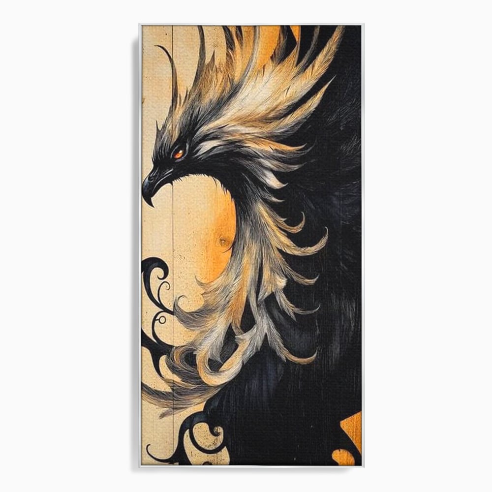 Tablou Canvas Premium, LuxCanva® M1070, Ecoul Cenusii Aprinse, Phoenix, Mitologie, Foc, Cenusa, Lumina, Intuneric, Auriu, Renastere, Pasari, Pene, Birou, Living, Camera Copil