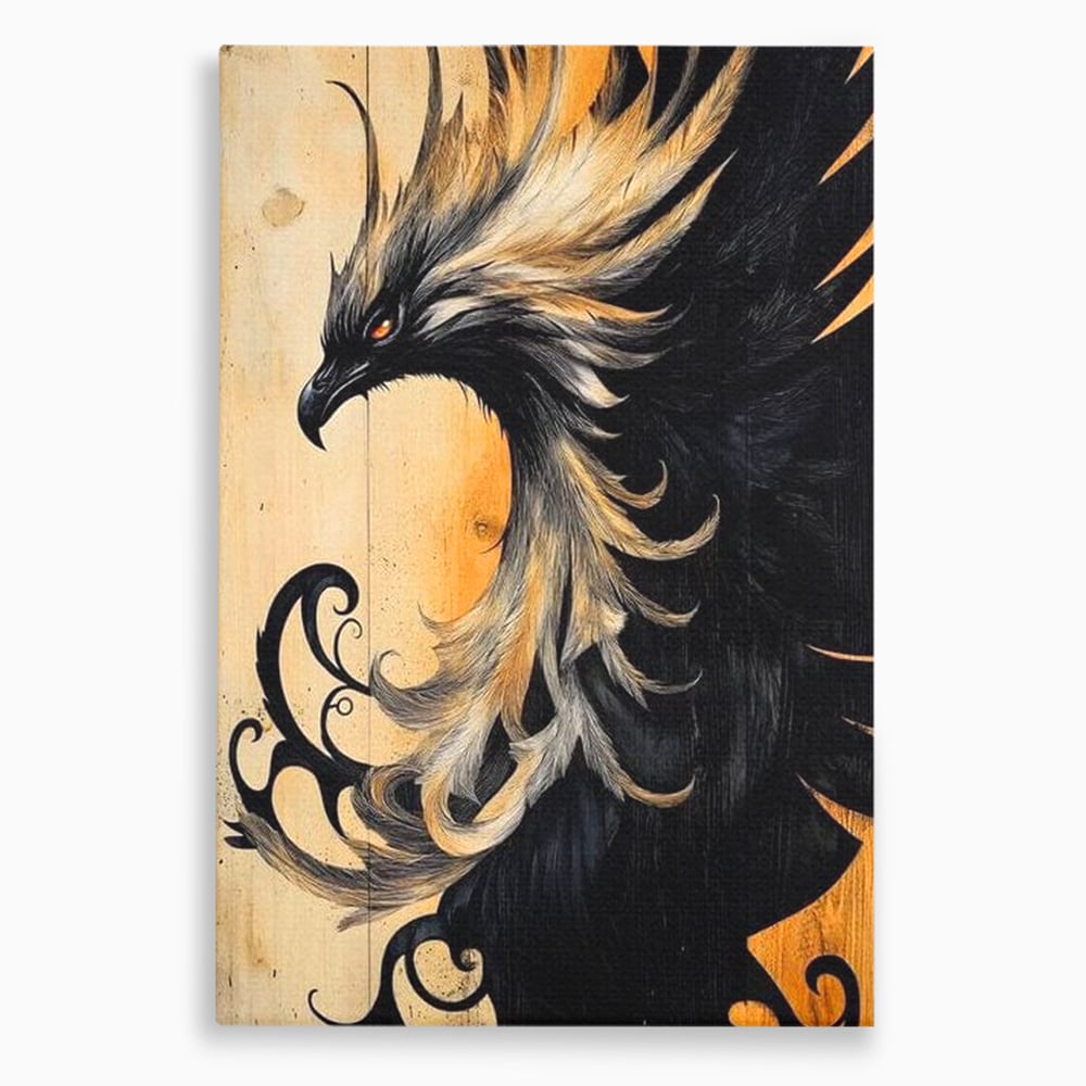 Tablou Canvas Premium, LuxCanva® M1070, Ecoul Cenusii Aprinse, Phoenix, Mitologie, Foc, Cenusa, Lumina, Intuneric, Auriu, Renastere, Pasari, Pene, Birou, Living, Camera Copil