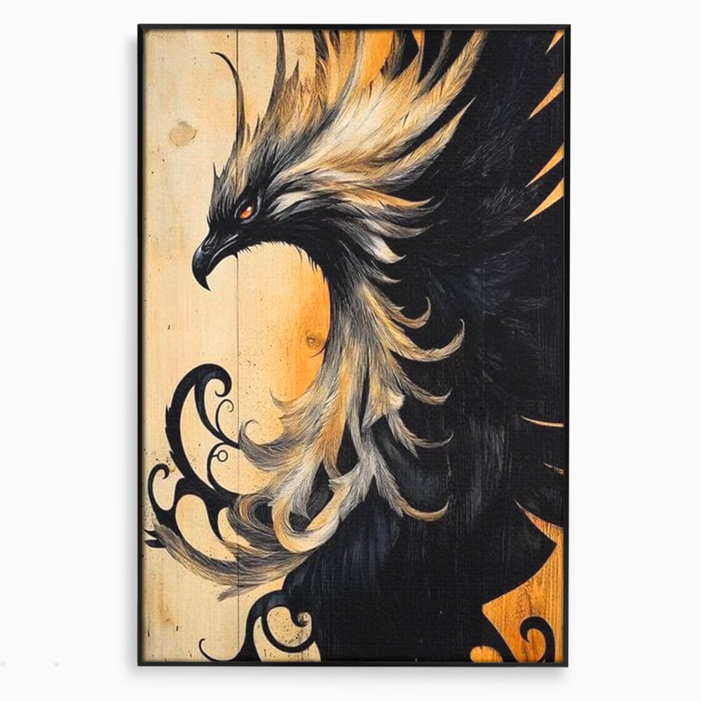 Tablou Canvas Premium, LuxCanva® M1070, Ecoul Cenusii Aprinse, Phoenix, Mitologie, Foc, Cenusa, Lumina, Intuneric, Auriu, Renastere, Pasari, Pene, Birou, Living, Camera Copil