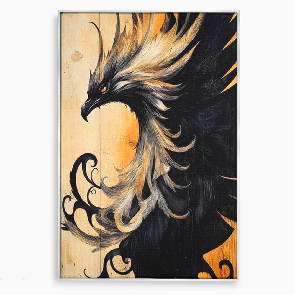 Tablou Canvas Premium, LuxCanva® M1070, Ecoul Cenusii Aprinse, Phoenix, Mitologie, Foc, Cenusa, Lumina, Intuneric, Auriu, Renastere, Pasari, Pene, Birou, Living, Camera Copil