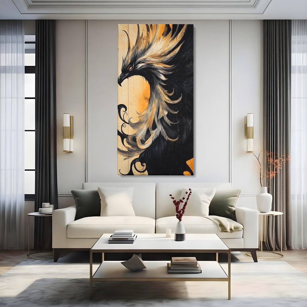 Tablou Canvas Premium, LuxCanva® M1070, Ecoul Cenusii Aprinse, Phoenix, Mitologie, Foc, Cenusa, Lumina, Intuneric, Auriu, Renastere, Pasari, Pene, Birou, Living, Camera Copil