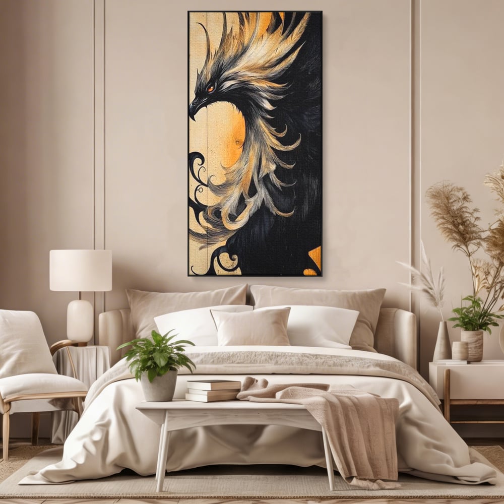 Tablou Canvas Premium, LuxCanva® M1070, Ecoul Cenusii Aprinse, Phoenix, Mitologie, Foc, Cenusa, Lumina, Intuneric, Auriu, Renastere, Pasari, Pene, Birou, Living, Camera Copil
