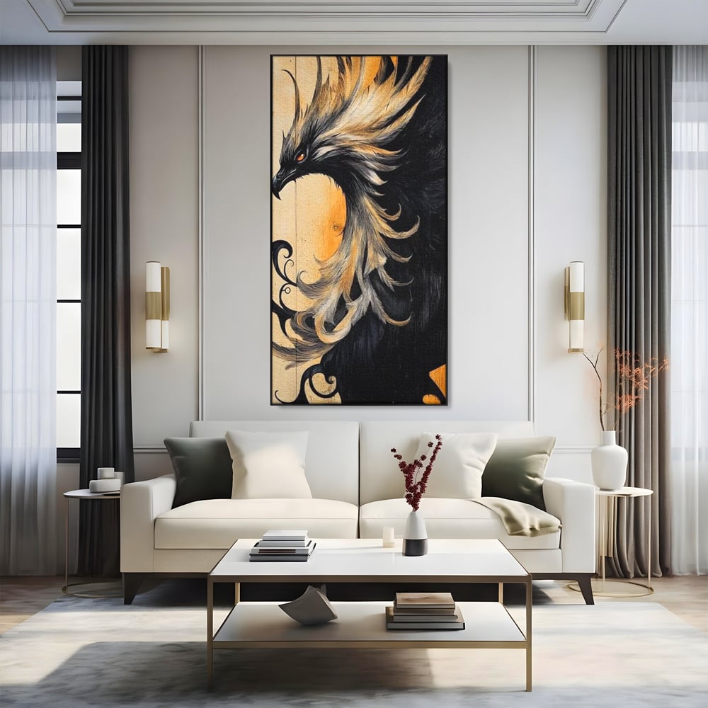 Tablou Canvas Premium, LuxCanva® M1070, Ecoul Cenusii Aprinse, Phoenix, Mitologie, Foc, Cenusa, Lumina, Intuneric, Auriu, Renastere, Pasari, Pene, Birou, Living, Camera Copil