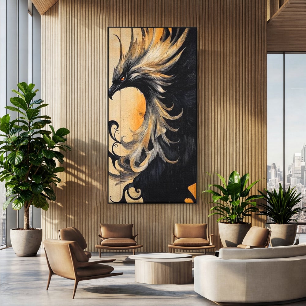 Tablou Canvas Premium, LuxCanva® M1070, Ecoul Cenusii Aprinse, Phoenix, Mitologie, Foc, Cenusa, Lumina, Intuneric, Auriu, Renastere, Pasari, Pene, Birou, Living, Camera Copil