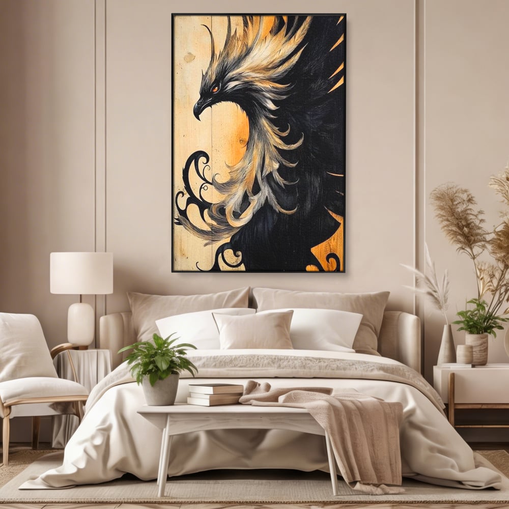Tablou Canvas Premium, LuxCanva® M1070, Ecoul Cenusii Aprinse, Phoenix, Mitologie, Foc, Cenusa, Lumina, Intuneric, Auriu, Renastere, Pasari, Pene, Birou, Living, Camera Copil