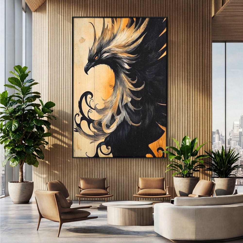 Tablou Canvas Premium, LuxCanva® M1070, Ecoul Cenusii Aprinse, Phoenix, Mitologie, Foc, Cenusa, Lumina, Intuneric, Auriu, Renastere, Pasari, Pene, Birou, Living, Camera Copil