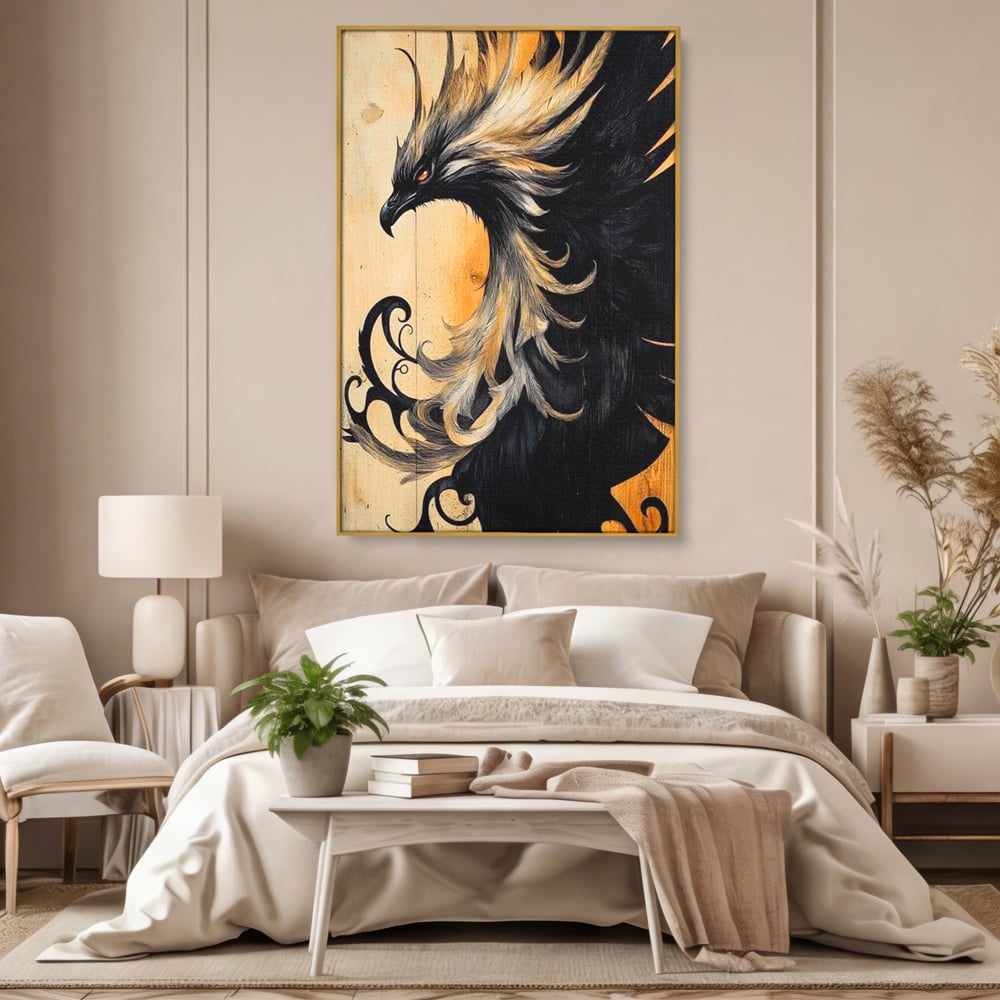 Tablou Canvas Premium, LuxCanva® M1070, Ecoul Cenusii Aprinse, Phoenix, Mitologie, Foc, Cenusa, Lumina, Intuneric, Auriu, Renastere, Pasari, Pene, Birou, Living, Camera Copil