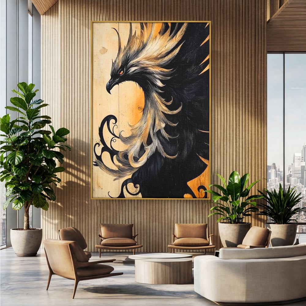 Tablou Canvas Premium, LuxCanva® M1070, Ecoul Cenusii Aprinse, Phoenix, Mitologie, Foc, Cenusa, Lumina, Intuneric, Auriu, Renastere, Pasari, Pene, Birou, Living, Camera Copil