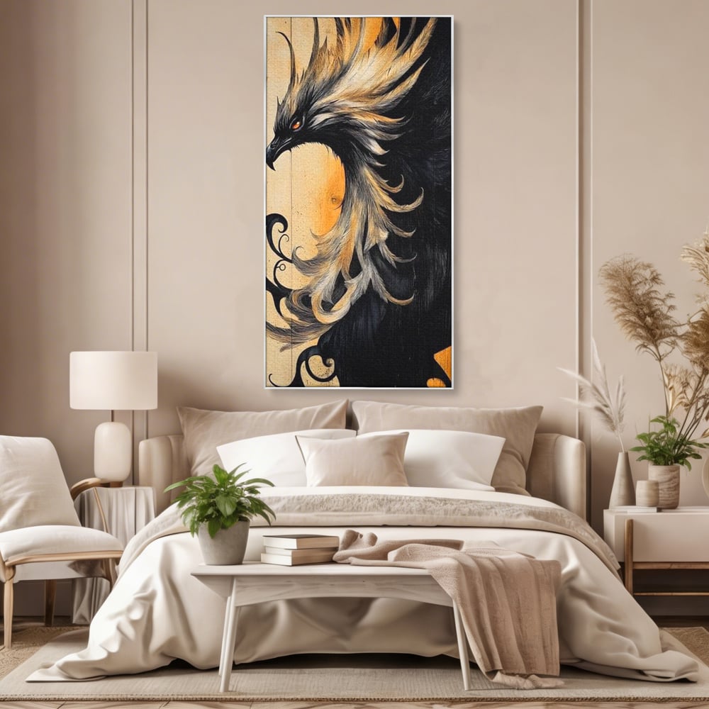 Tablou Canvas Premium, LuxCanva® M1070, Ecoul Cenusii Aprinse, Phoenix, Mitologie, Foc, Cenusa, Lumina, Intuneric, Auriu, Renastere, Pasari, Pene, Birou, Living, Camera Copil