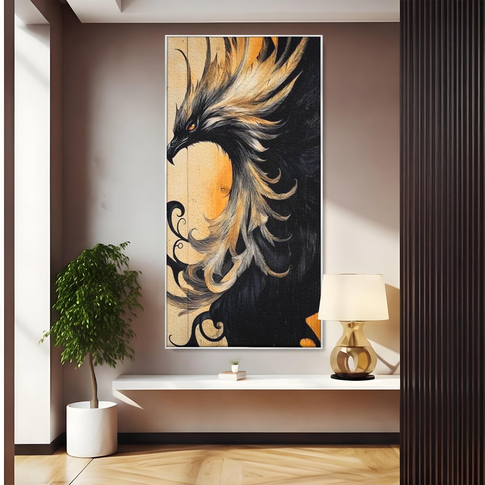 Tablou Canvas Premium, LuxCanva® M1070, Ecoul Cenusii Aprinse, Phoenix, Mitologie, Foc, Cenusa, Lumina, Intuneric, Auriu, Renastere, Pasari, Pene, Birou, Living, Camera Copil