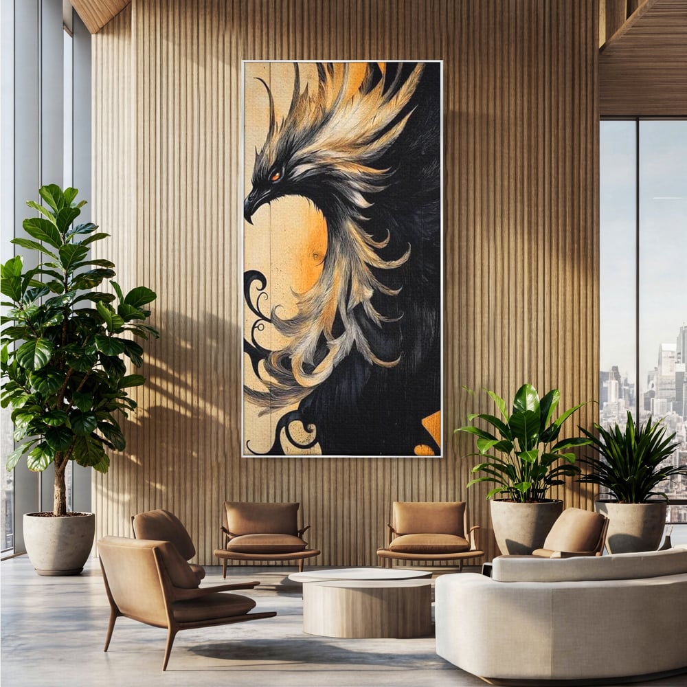 Tablou Canvas Premium, LuxCanva® M1070, Ecoul Cenusii Aprinse, Phoenix, Mitologie, Foc, Cenusa, Lumina, Intuneric, Auriu, Renastere, Pasari, Pene, Birou, Living, Camera Copil