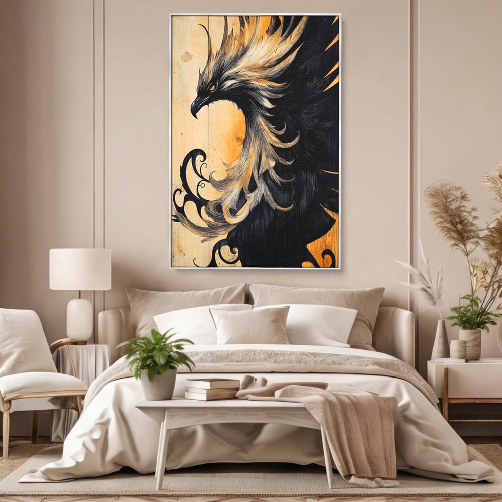 Tablou Canvas Premium, LuxCanva® M1070, Ecoul Cenusii Aprinse, Phoenix, Mitologie, Foc, Cenusa, Lumina, Intuneric, Auriu, Renastere, Pasari, Pene, Birou, Living, Camera Copil