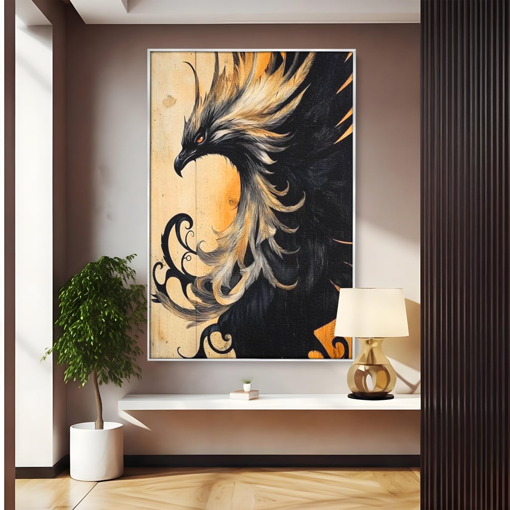 Tablou Canvas Premium, LuxCanva® M1070, Ecoul Cenusii Aprinse, Phoenix, Mitologie, Foc, Cenusa, Lumina, Intuneric, Auriu, Renastere, Pasari, Pene, Birou, Living, Camera Copil
