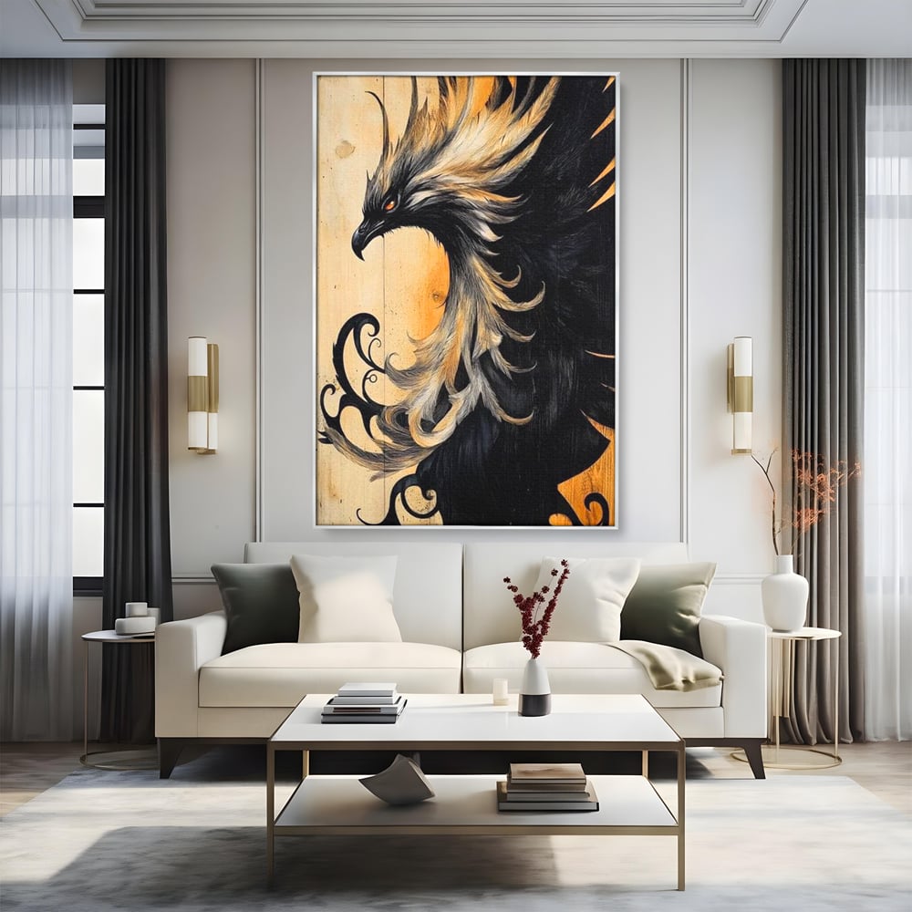 Tablou Canvas Premium, LuxCanva® M1070, Ecoul Cenusii Aprinse, Phoenix, Mitologie, Foc, Cenusa, Lumina, Intuneric, Auriu, Renastere, Pasari, Pene, Birou, Living, Camera Copil