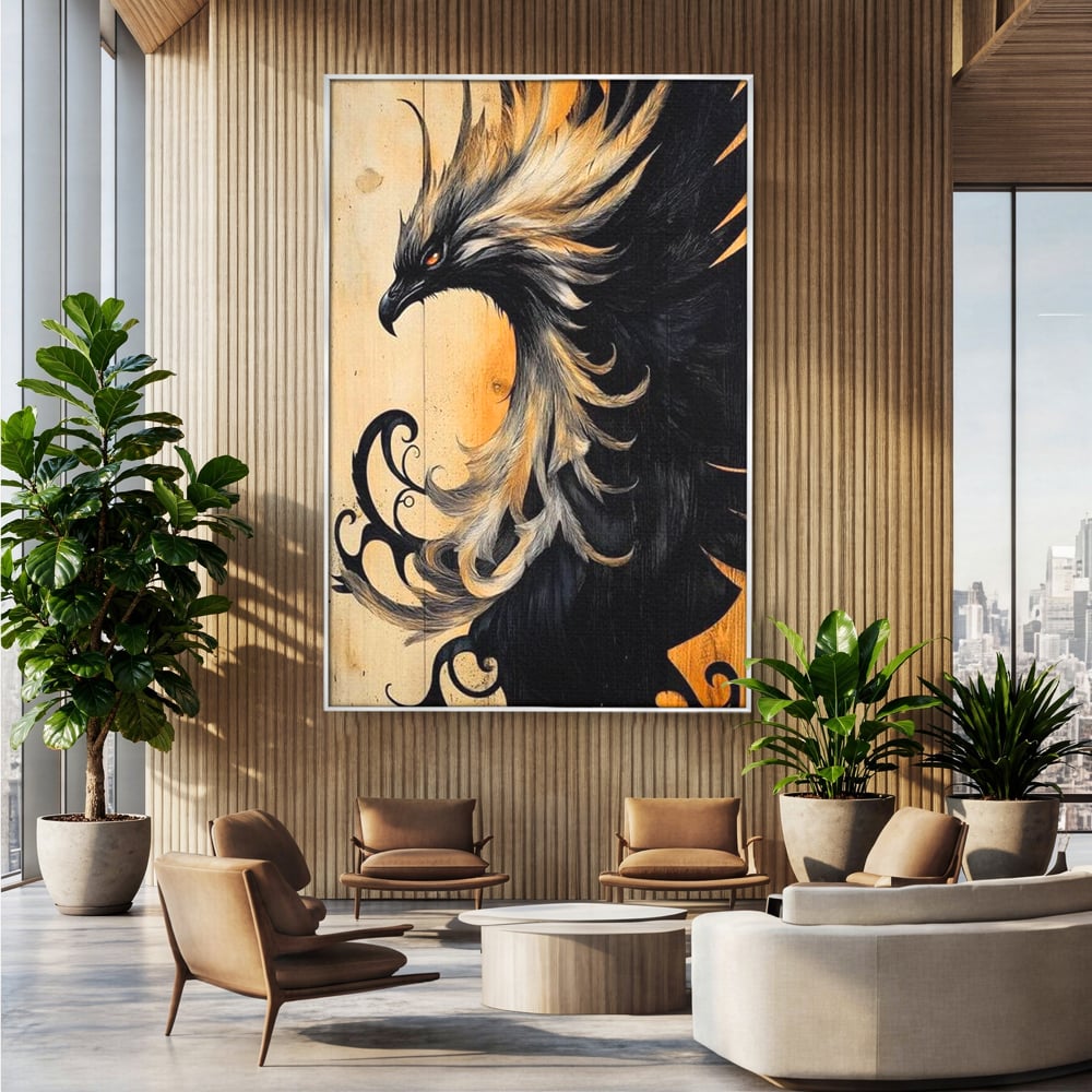 Tablou Canvas Premium, LuxCanva® M1070, Ecoul Cenusii Aprinse, Phoenix, Mitologie, Foc, Cenusa, Lumina, Intuneric, Auriu, Renastere, Pasari, Pene, Birou, Living, Camera Copil