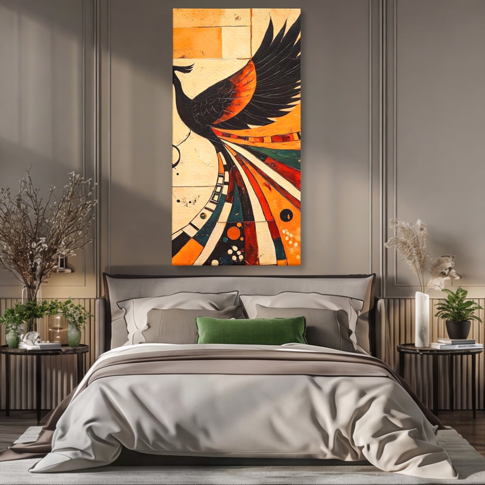 Tablou Canvas Premium, LuxCanva® M1071, Vortexul Pasarii Sacre, Aripi, Coada, Multicolor, Abstract, Modern, Pasari, Phoenix, Linii, Spirala, Renastere, Birou, Living, Camera Copil