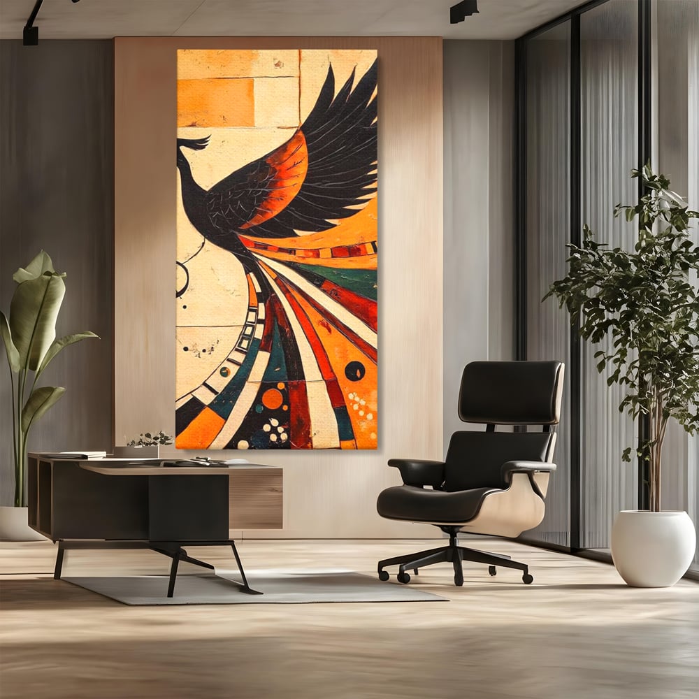 Tablou Canvas Premium, LuxCanva® M1071, Vortexul Pasarii Sacre, Aripi, Coada, Multicolor, Abstract, Modern, Pasari, Phoenix, Linii, Spirala, Renastere, Birou, Living, Camera Copil