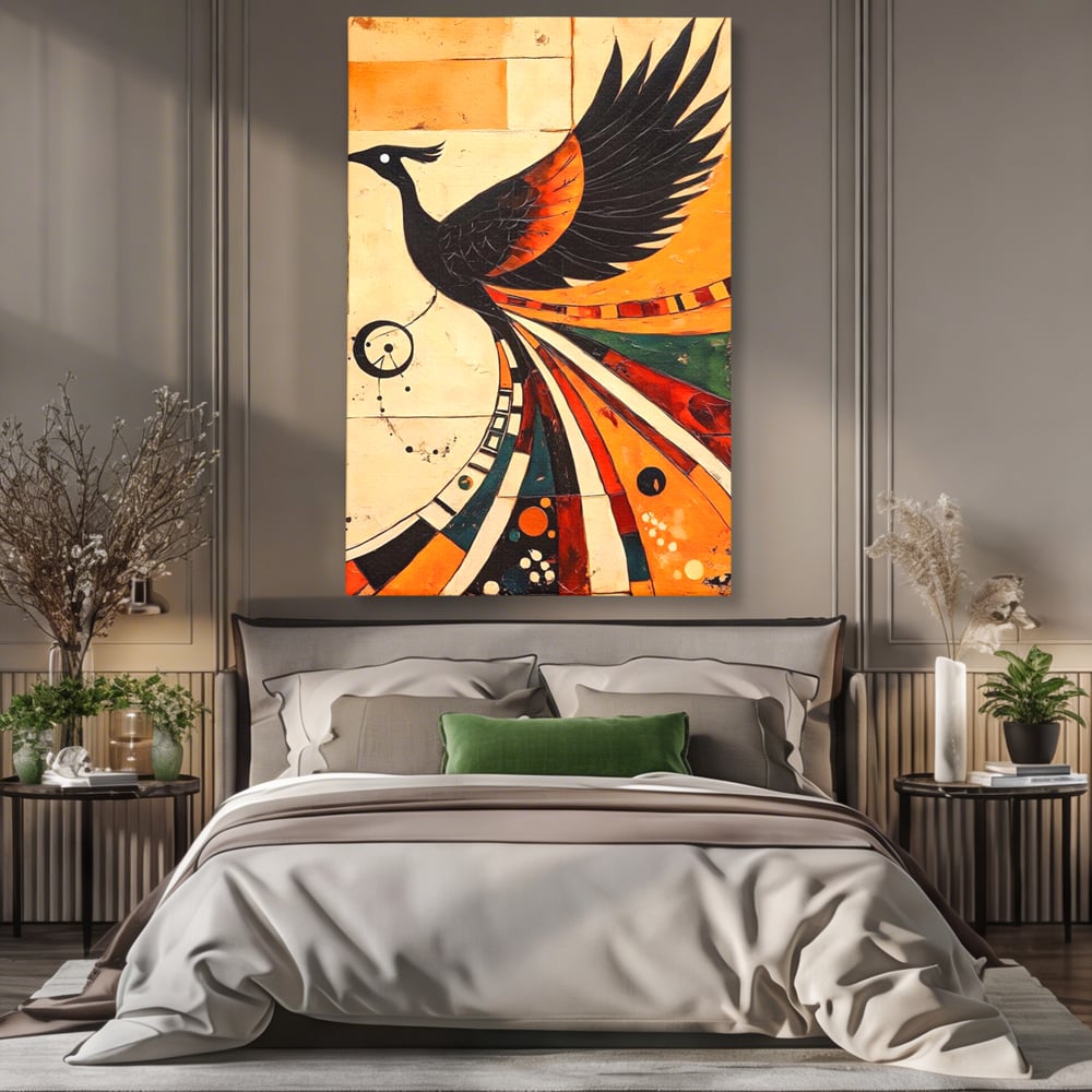 Tablou Canvas Premium, LuxCanva® M1071, Vortexul Pasarii Sacre, Aripi, Coada, Multicolor, Abstract, Modern, Pasari, Phoenix, Linii, Spirala, Renastere, Birou, Living, Camera Copil