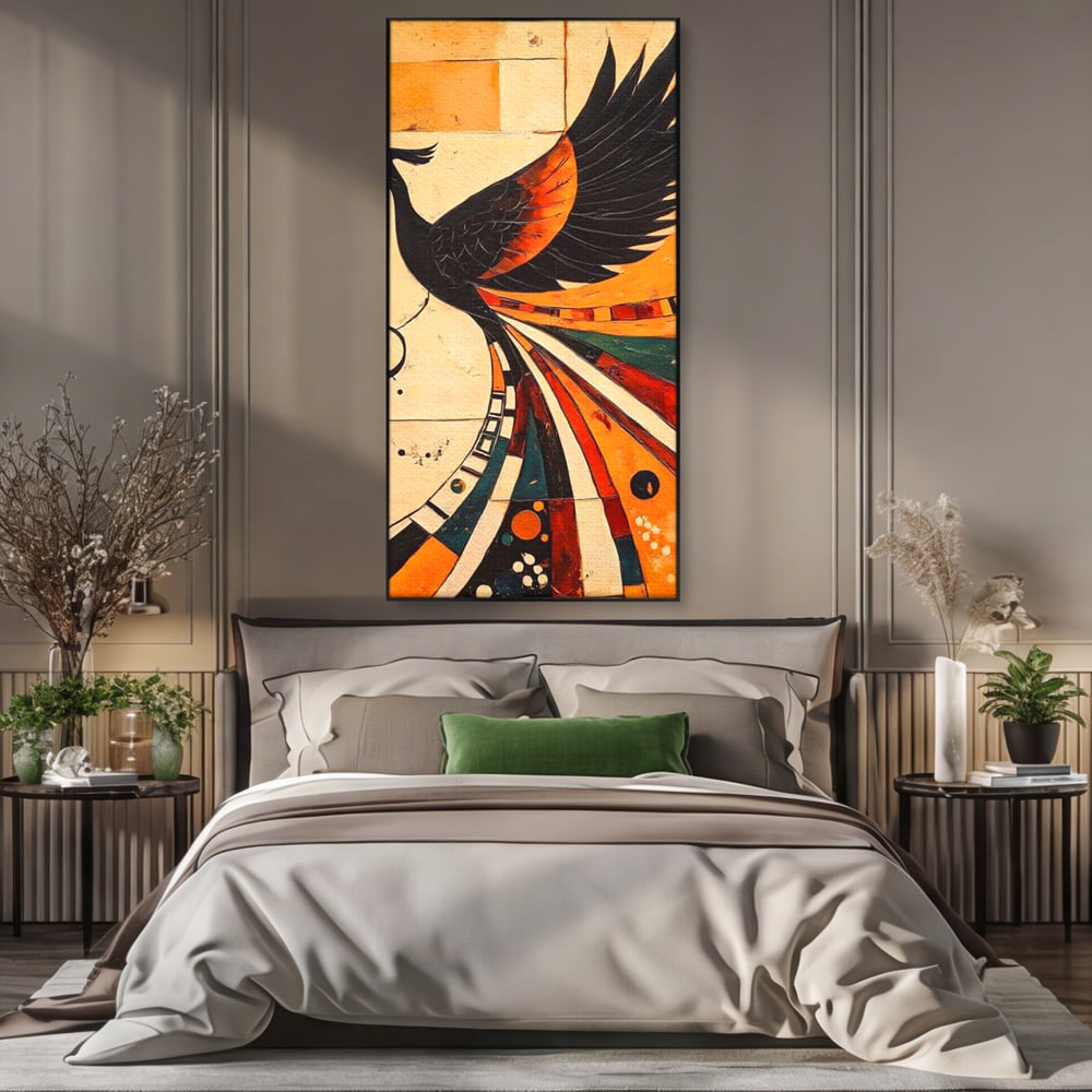 Tablou Canvas Premium, LuxCanva® M1071, Vortexul Pasarii Sacre, Aripi, Coada, Multicolor, Abstract, Modern, Pasari, Phoenix, Linii, Spirala, Renastere, Birou, Living, Camera Copil