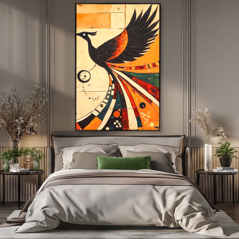 Tablou Canvas Premium, LuxCanva® M1071, Vortexul Pasarii Sacre, Aripi, Coada, Multicolor, Abstract, Modern, Pasari, Phoenix, Linii, Spirala, Renastere, Birou, Living, Camera Copil