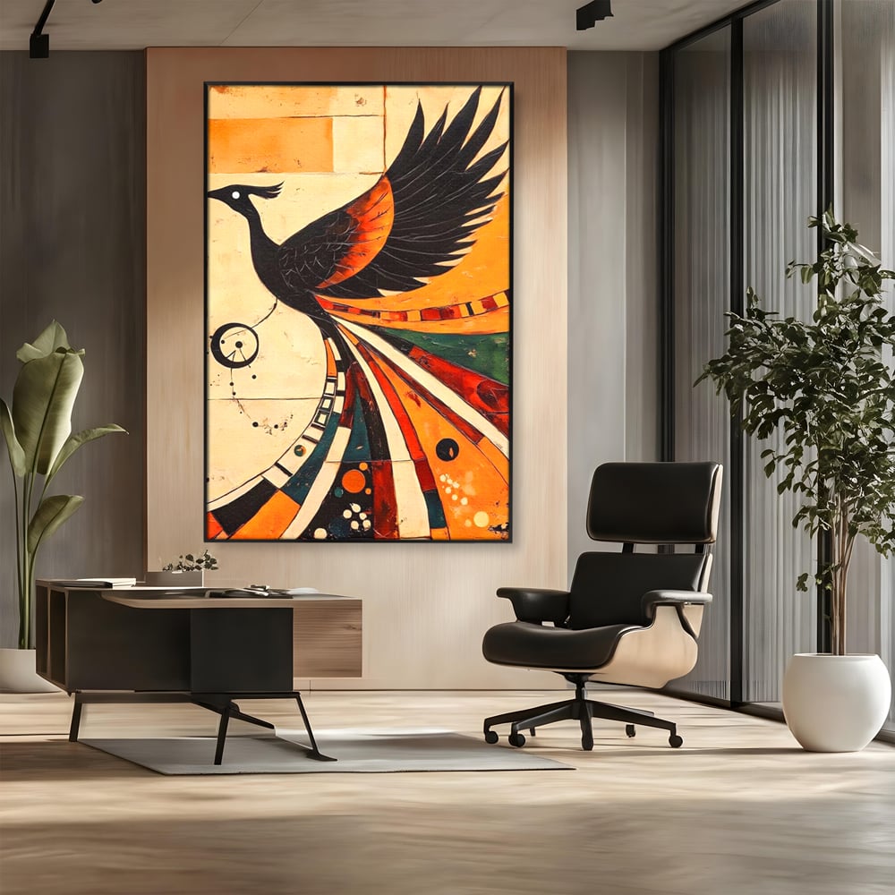 Tablou Canvas Premium, LuxCanva® M1071, Vortexul Pasarii Sacre, Aripi, Coada, Multicolor, Abstract, Modern, Pasari, Phoenix, Linii, Spirala, Renastere, Birou, Living, Camera Copil