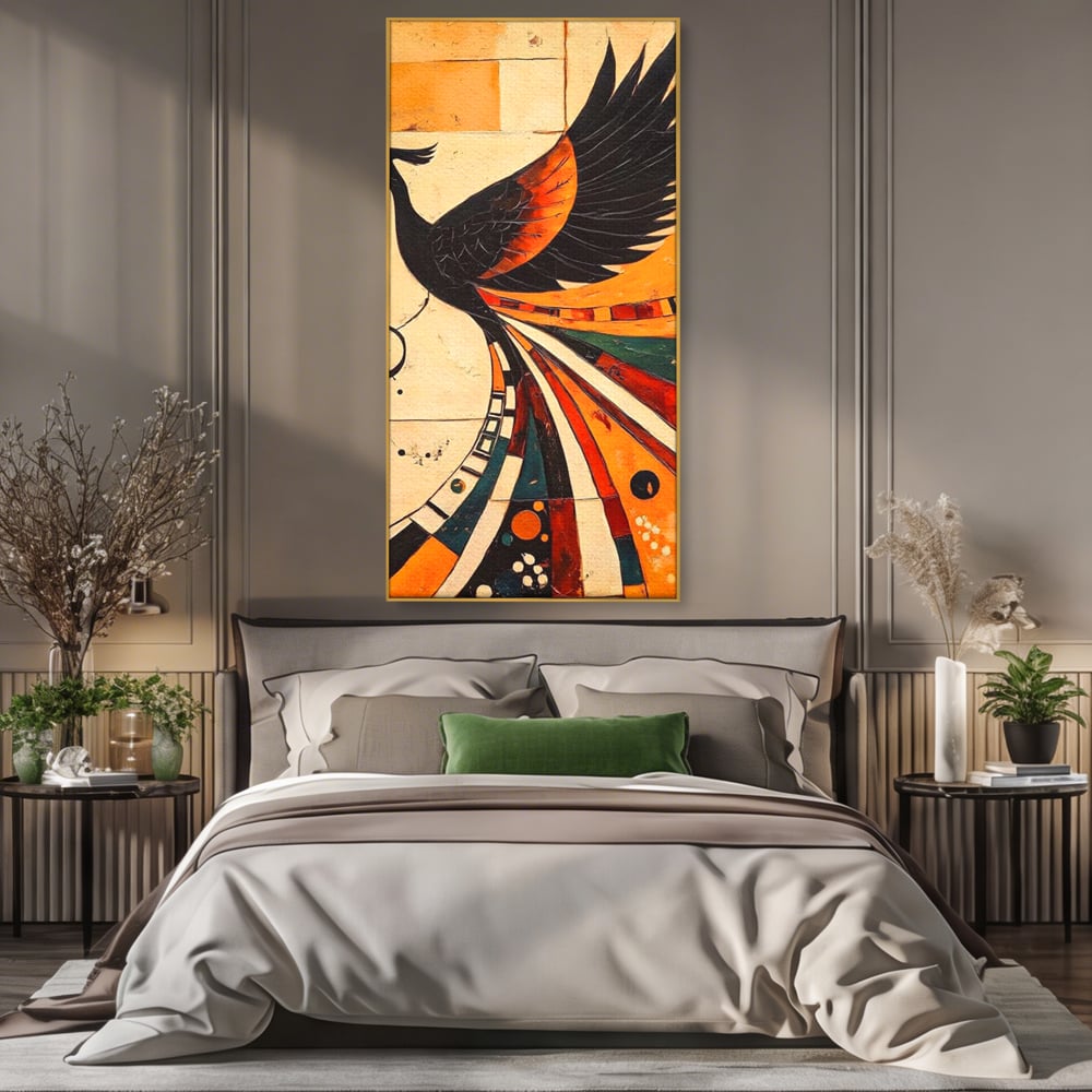 Tablou Canvas Premium, LuxCanva® M1071, Vortexul Pasarii Sacre, Aripi, Coada, Multicolor, Abstract, Modern, Pasari, Phoenix, Linii, Spirala, Renastere, Birou, Living, Camera Copil