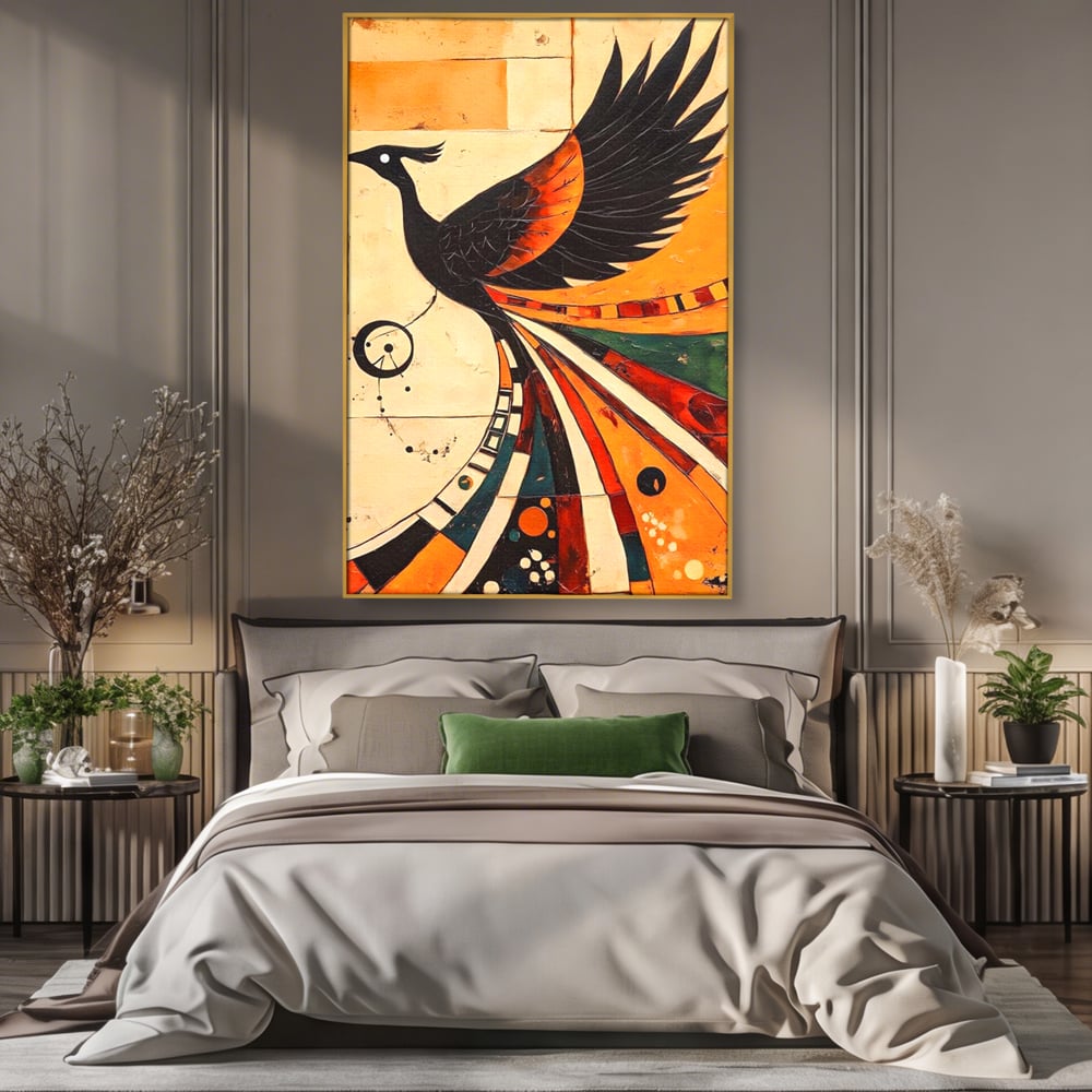 Tablou Canvas Premium, LuxCanva® M1071, Vortexul Pasarii Sacre, Aripi, Coada, Multicolor, Abstract, Modern, Pasari, Phoenix, Linii, Spirala, Renastere, Birou, Living, Camera Copil