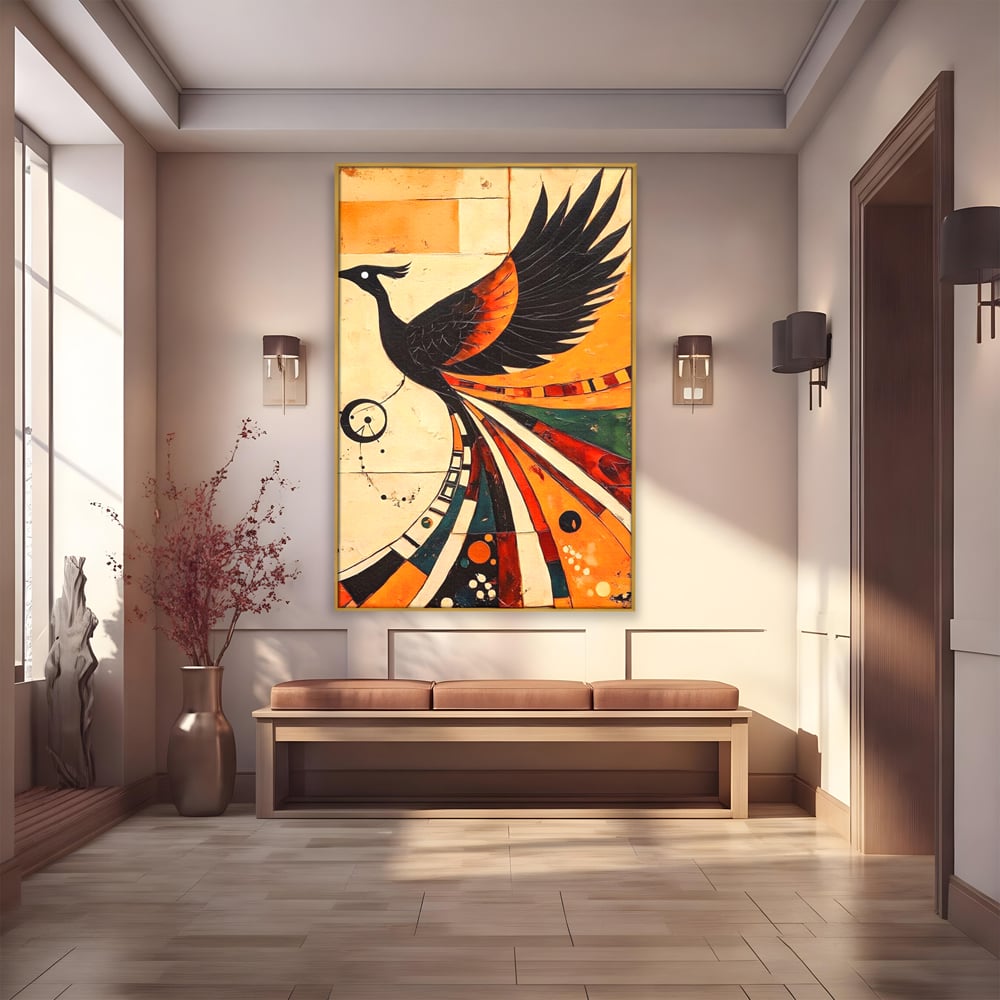 Tablou Canvas Premium, LuxCanva® M1071, Vortexul Pasarii Sacre, Aripi, Coada, Multicolor, Abstract, Modern, Pasari, Phoenix, Linii, Spirala, Renastere, Birou, Living, Camera Copil