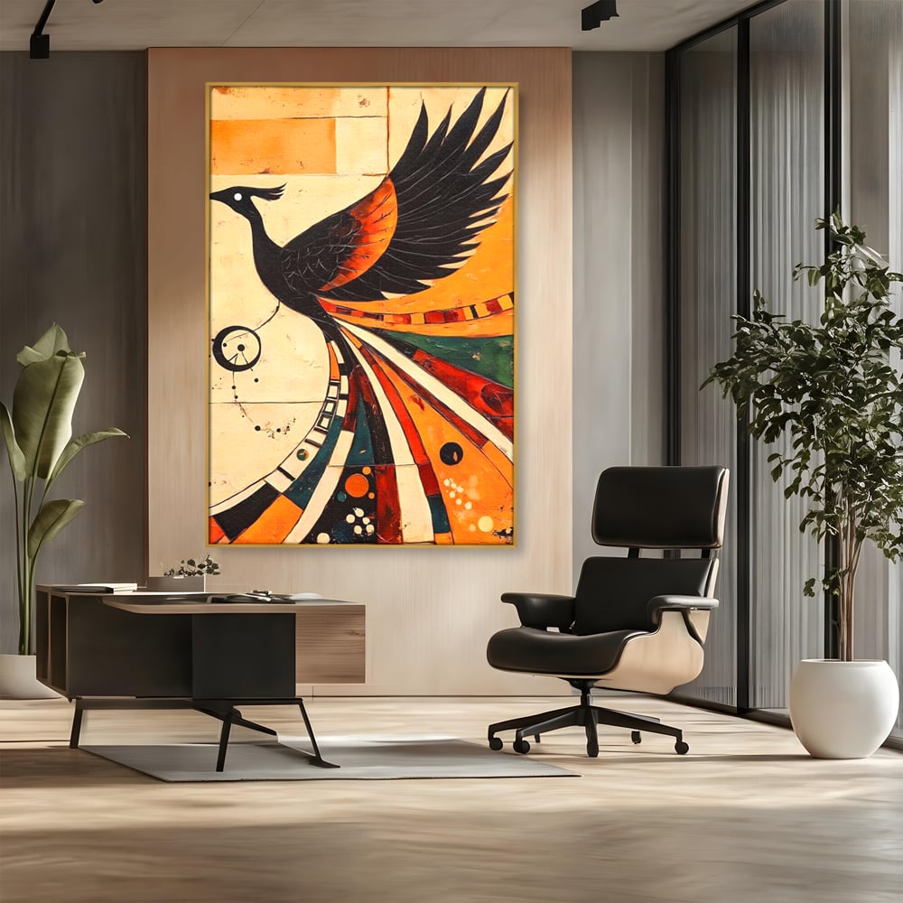 Tablou Canvas Premium, LuxCanva® M1071, Vortexul Pasarii Sacre, Aripi, Coada, Multicolor, Abstract, Modern, Pasari, Phoenix, Linii, Spirala, Renastere, Birou, Living, Camera Copil