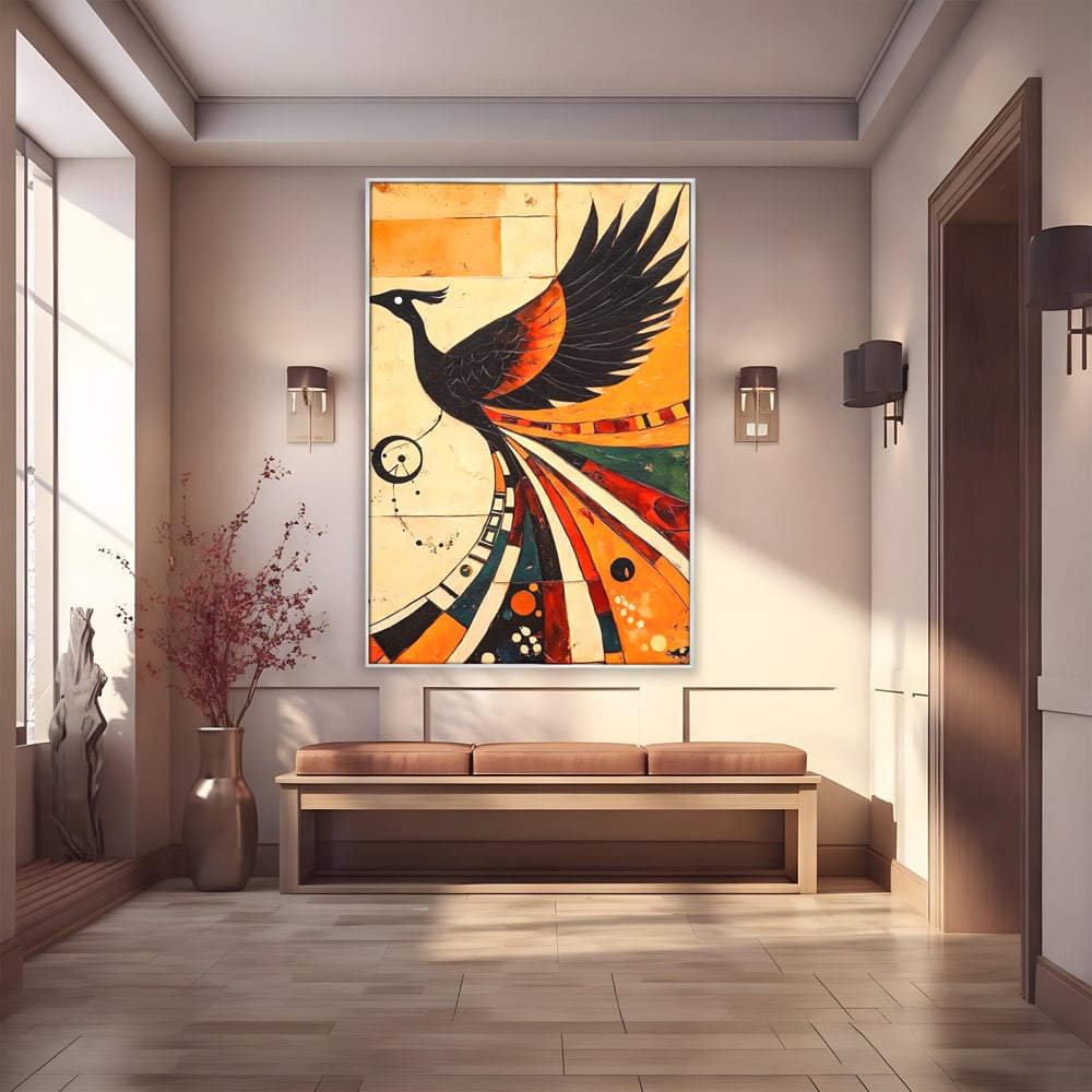 Tablou Canvas Premium, LuxCanva® M1071, Vortexul Pasarii Sacre, Aripi, Coada, Multicolor, Abstract, Modern, Pasari, Phoenix, Linii, Spirala, Renastere, Birou, Living, Camera Copil