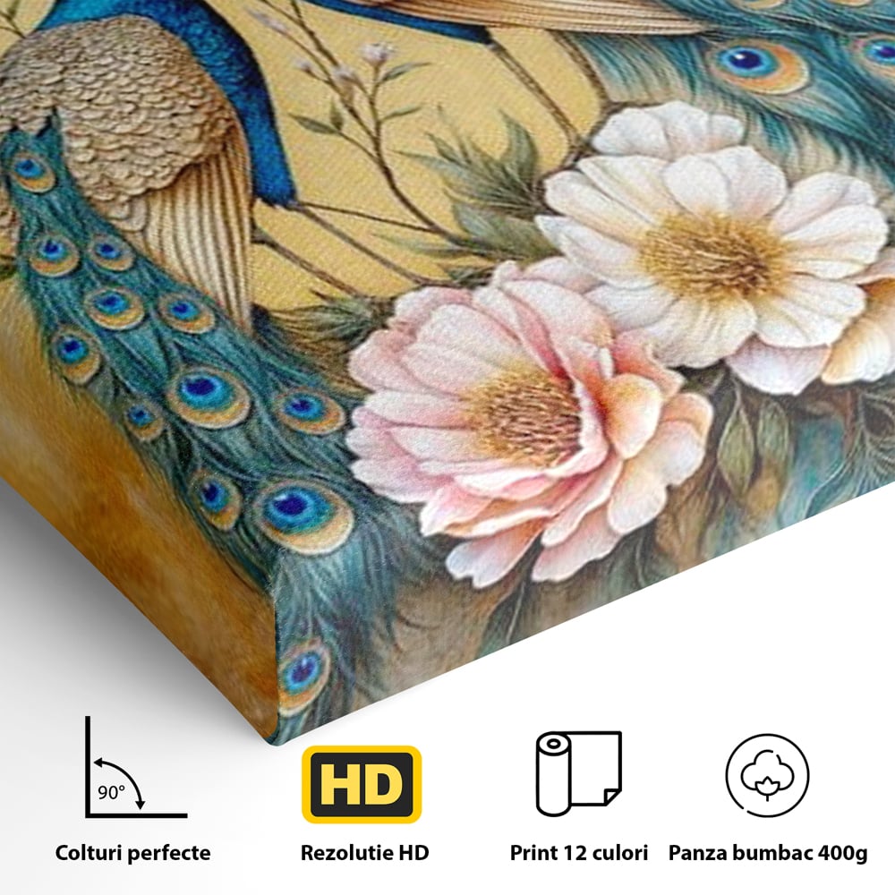 Tablou Canvas Premium, LuxCanva® M1072, Matase Regala, Pereche, Pauni, Pasari, Penaj, Coada, Eleganta, Auriu, Delicatete, Flori, Natura, Birou, Living, Camera Copil