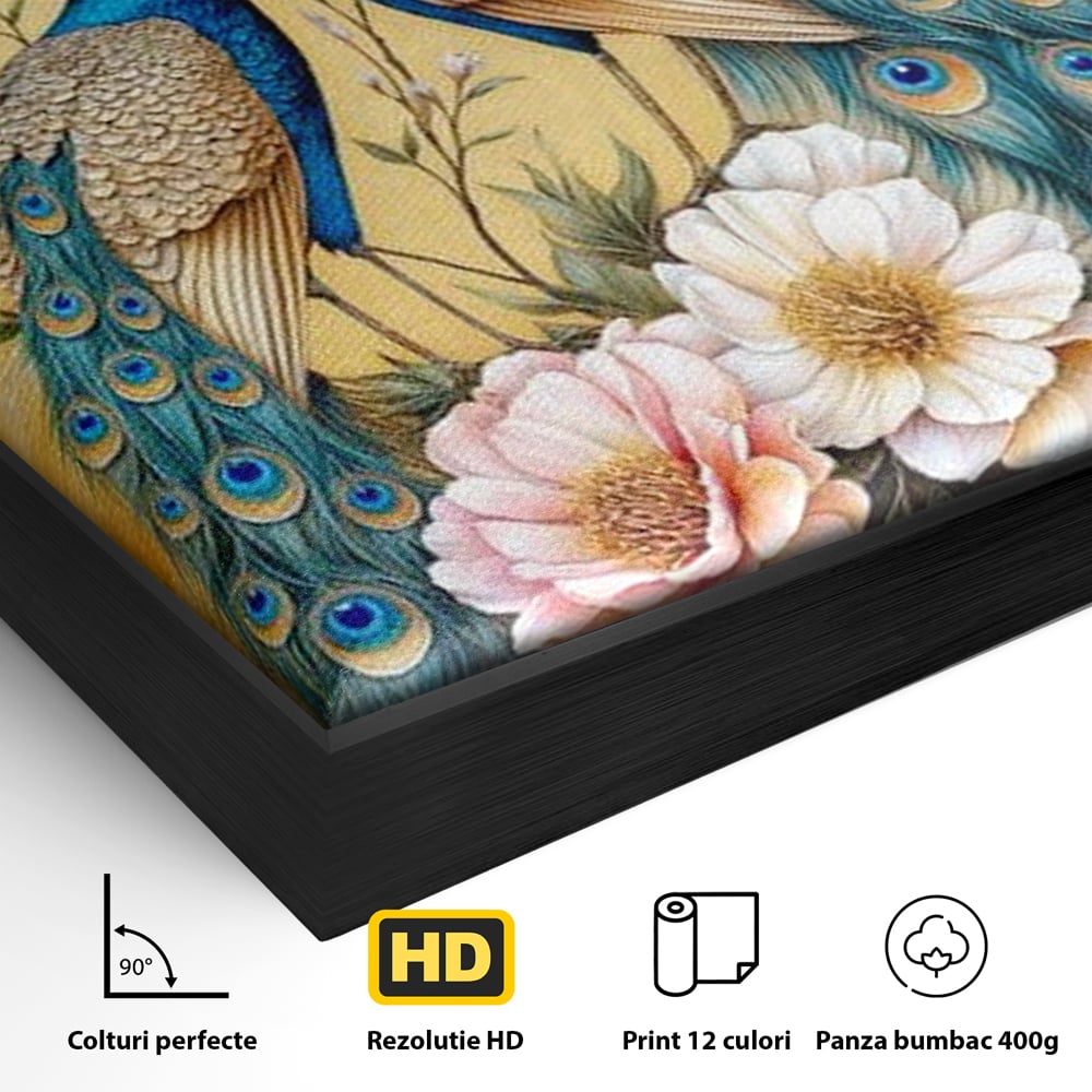 Tablou Canvas Premium, LuxCanva® M1072, Matase Regala, Pereche, Pauni, Pasari, Penaj, Coada, Eleganta, Auriu, Delicatete, Flori, Natura, Birou, Living, Camera Copil