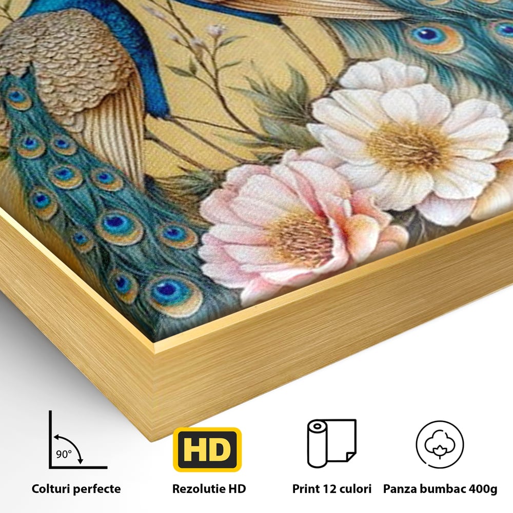 Tablou Canvas Premium, LuxCanva® M1072, Matase Regala, Pereche, Pauni, Pasari, Penaj, Coada, Eleganta, Auriu, Delicatete, Flori, Natura, Birou, Living, Camera Copil