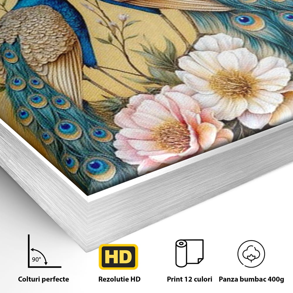 Tablou Canvas Premium, LuxCanva® M1072, Matase Regala, Pereche, Pauni, Pasari, Penaj, Coada, Eleganta, Auriu, Delicatete, Flori, Natura, Birou, Living, Camera Copil