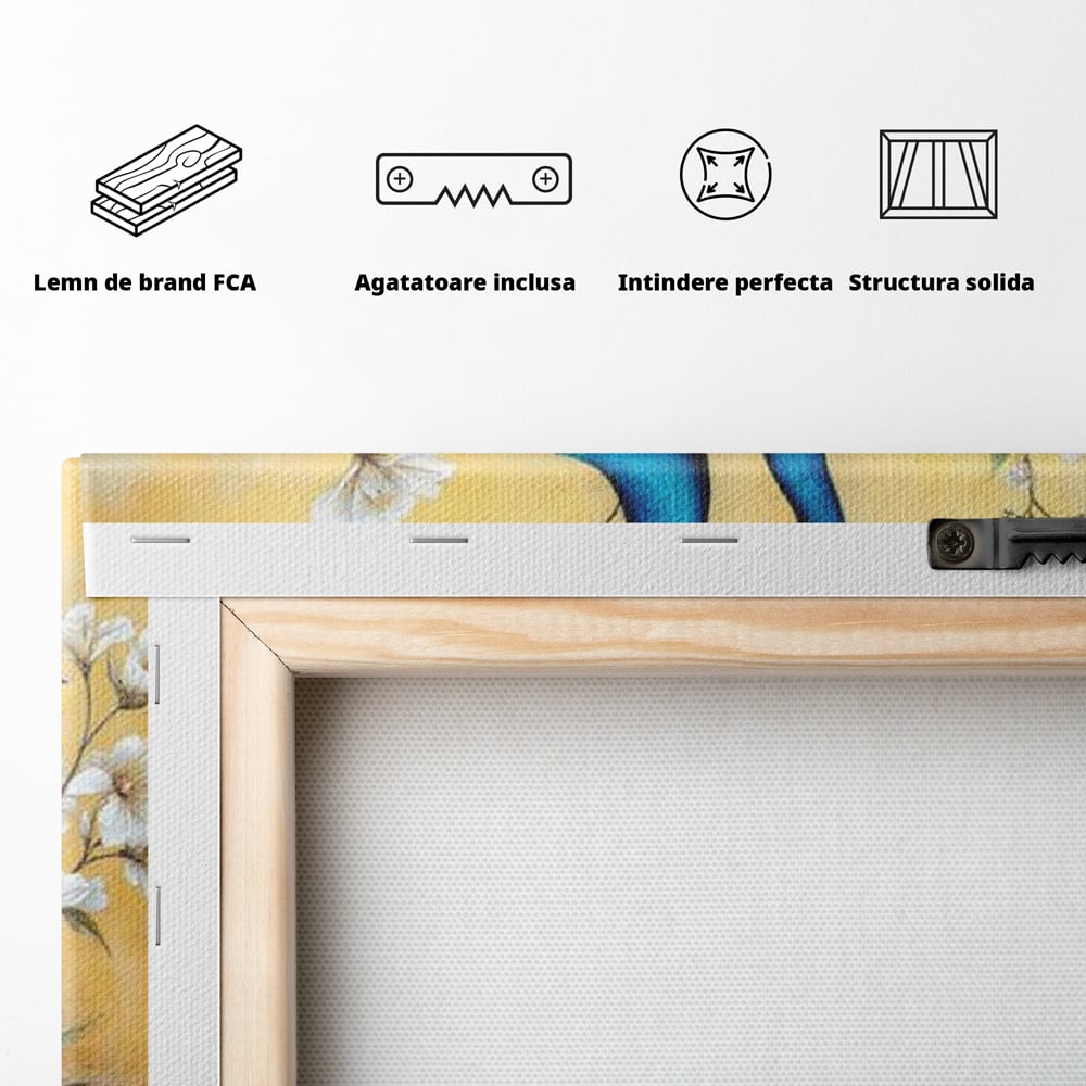 Tablou Canvas Premium, LuxCanva® M1072, Matase Regala, Pereche, Pauni, Pasari, Penaj, Coada, Eleganta, Auriu, Delicatete, Flori, Natura, Birou, Living, Camera Copil