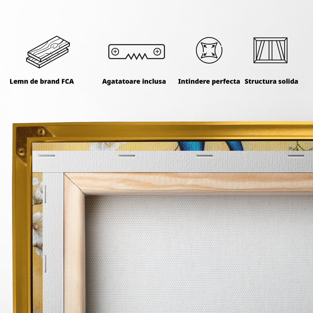Tablou Canvas Premium, LuxCanva® M1072, Matase Regala, Pereche, Pauni, Pasari, Penaj, Coada, Eleganta, Auriu, Delicatete, Flori, Natura, Birou, Living, Camera Copil