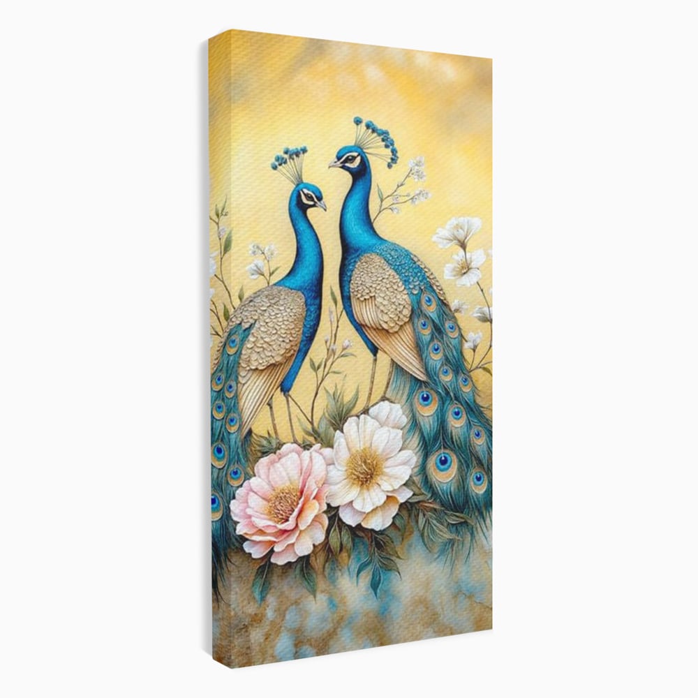 Tablou Canvas Premium, LuxCanva® M1072, Matase Regala, Pereche, Pauni, Pasari, Penaj, Coada, Eleganta, Auriu, Delicatete, Flori, Natura, Birou, Living, Camera Copil