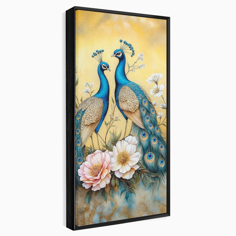 Tablou Canvas Premium, LuxCanva® M1072, Matase Regala, Pereche, Pauni, Pasari, Penaj, Coada, Eleganta, Auriu, Delicatete, Flori, Natura, Birou, Living, Camera Copil