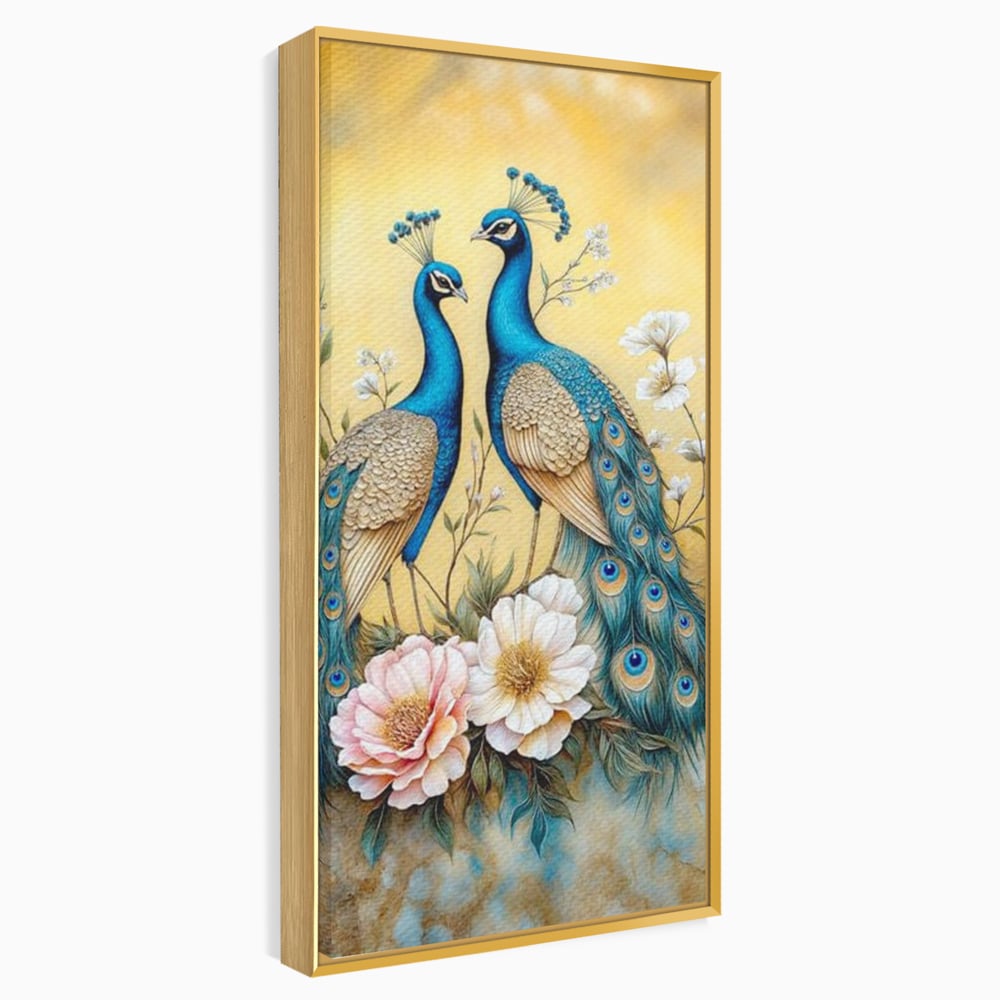 Tablou Canvas Premium, LuxCanva® M1072, Matase Regala, Pereche, Pauni, Pasari, Penaj, Coada, Eleganta, Auriu, Delicatete, Flori, Natura, Birou, Living, Camera Copil
