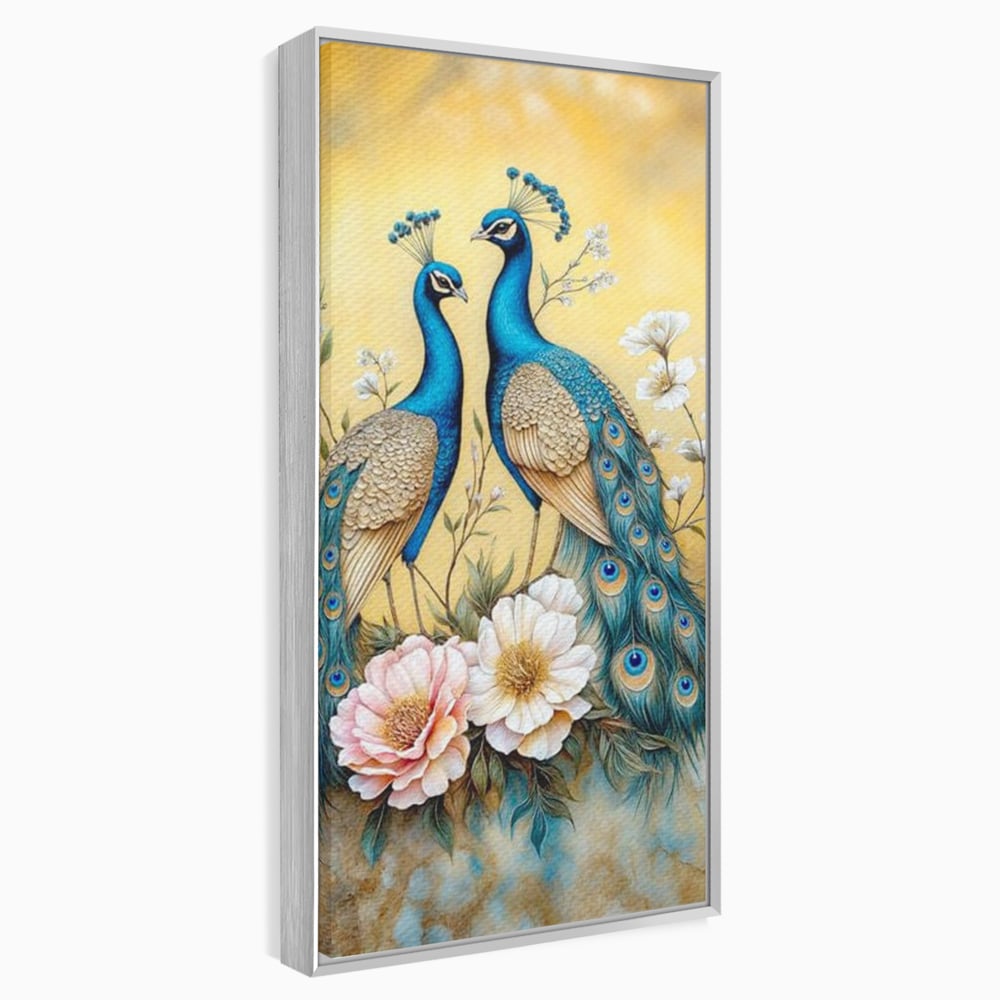 Tablou Canvas Premium, LuxCanva® M1072, Matase Regala, Pereche, Pauni, Pasari, Penaj, Coada, Eleganta, Auriu, Delicatete, Flori, Natura, Birou, Living, Camera Copil