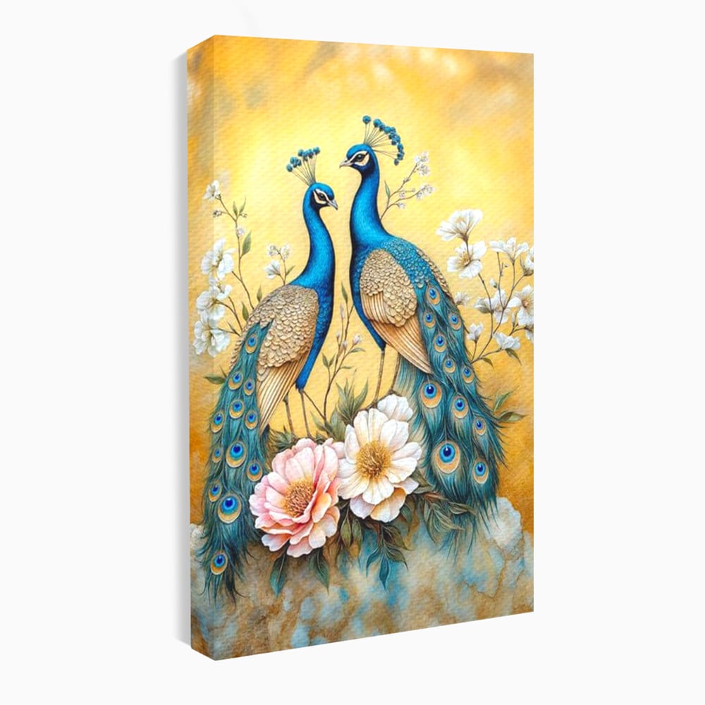 Tablou Canvas Premium, LuxCanva® M1072, Matase Regala, Pereche, Pauni, Pasari, Penaj, Coada, Eleganta, Auriu, Delicatete, Flori, Natura, Birou, Living, Camera Copil
