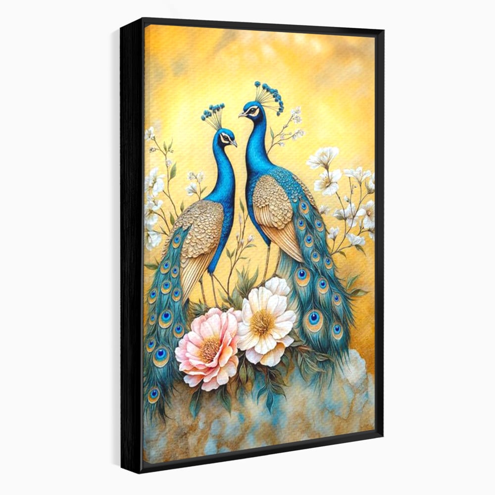 Tablou Canvas Premium, LuxCanva® M1072, Matase Regala, Pereche, Pauni, Pasari, Penaj, Coada, Eleganta, Auriu, Delicatete, Flori, Natura, Birou, Living, Camera Copil