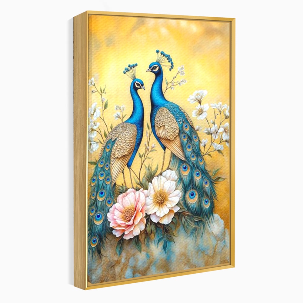 Tablou Canvas Premium, LuxCanva® M1072, Matase Regala, Pereche, Pauni, Pasari, Penaj, Coada, Eleganta, Auriu, Delicatete, Flori, Natura, Birou, Living, Camera Copil