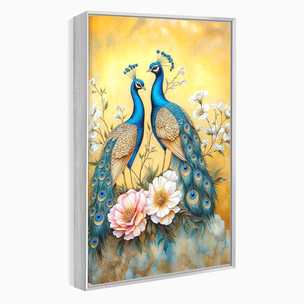 Tablou Canvas Premium, LuxCanva® M1072, Matase Regala, Pereche, Pauni, Pasari, Penaj, Coada, Eleganta, Auriu, Delicatete, Flori, Natura, Birou, Living, Camera Copil