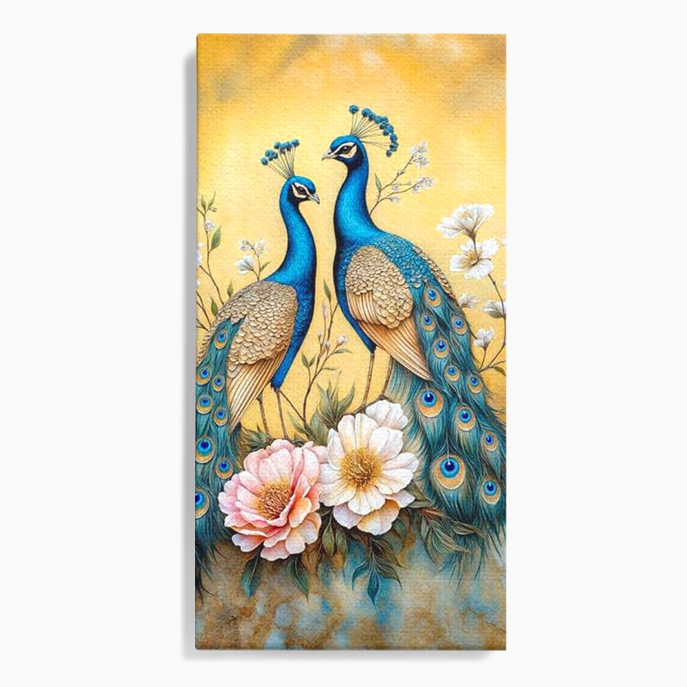 Tablou Canvas Premium, LuxCanva® M1072, Matase Regala, Pereche, Pauni, Pasari, Penaj, Coada, Eleganta, Auriu, Delicatete, Flori, Natura, Birou, Living, Camera Copil